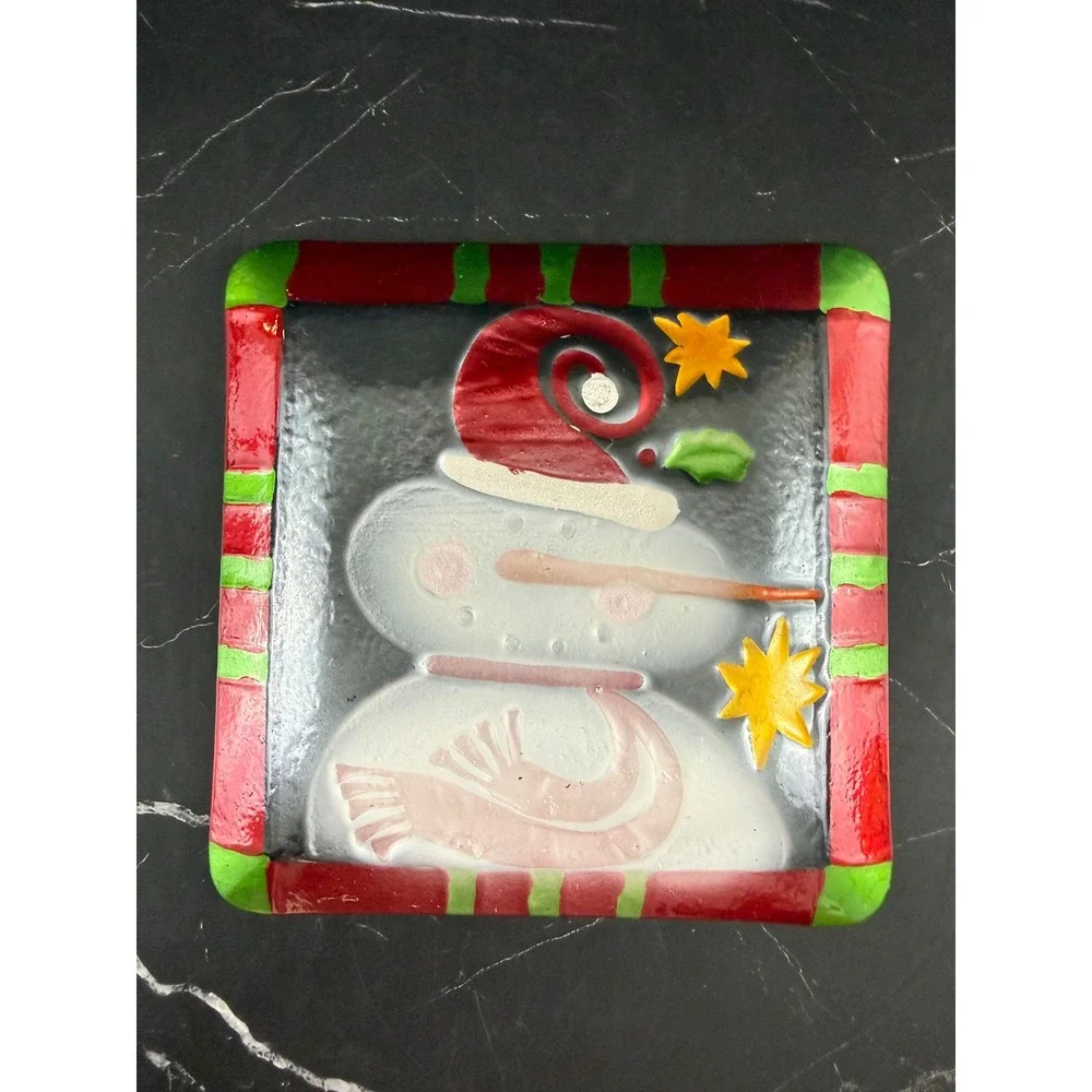 VTG Pier 1 Imports Jolly Holiday Art Glass Christmas Snowman 7in Square Plate